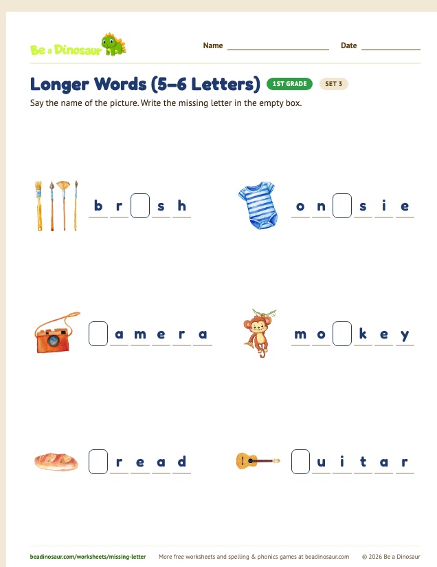 Longer Words (5–6 Letters) worksheet, set 3 (free printable from Be a Dinosaur)