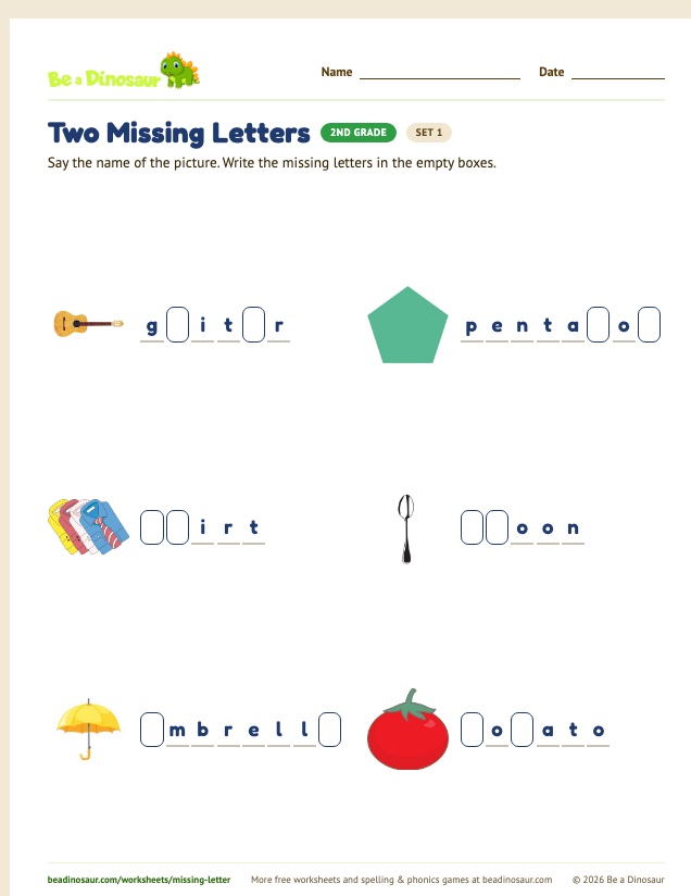 Two Missing Letters worksheet, set 1 (free printable from Be a Dinosaur)