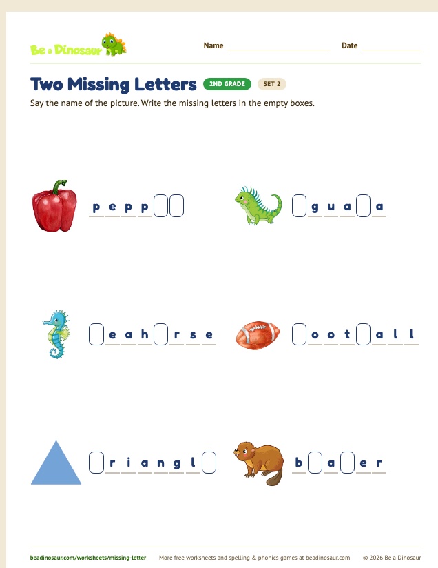 Two Missing Letters worksheet, set 2 (free printable from Be a Dinosaur)