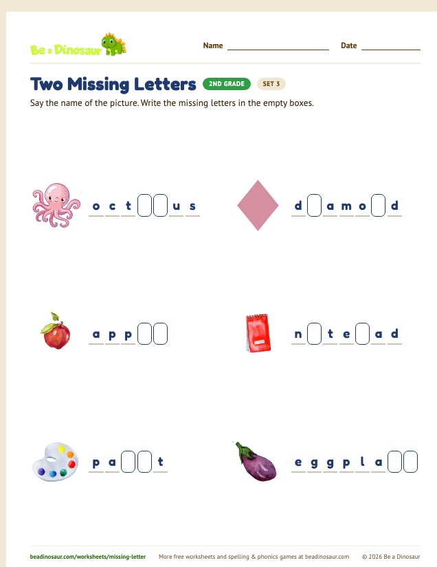Two Missing Letters worksheet, set 3 (free printable from Be a Dinosaur)