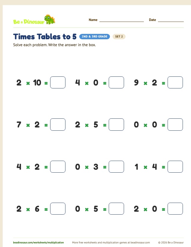 Times Tables to 5 worksheet, set 2 (free printable from Be a Dinosaur)