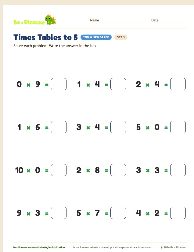 Times Tables to 5 worksheet, set 3 (free printable from Be a Dinosaur)