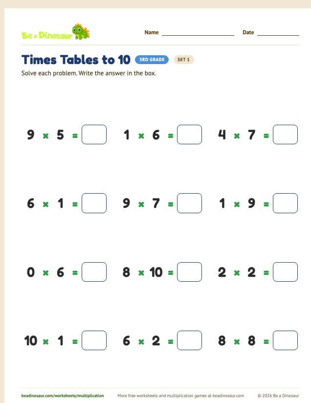 Times Tables to 10 worksheet, set 1 (free printable from Be a Dinosaur)