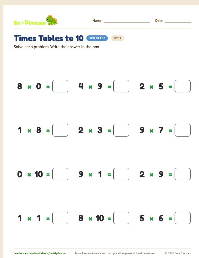 Times Tables to 10 worksheet, set 2 (free printable from Be a Dinosaur)