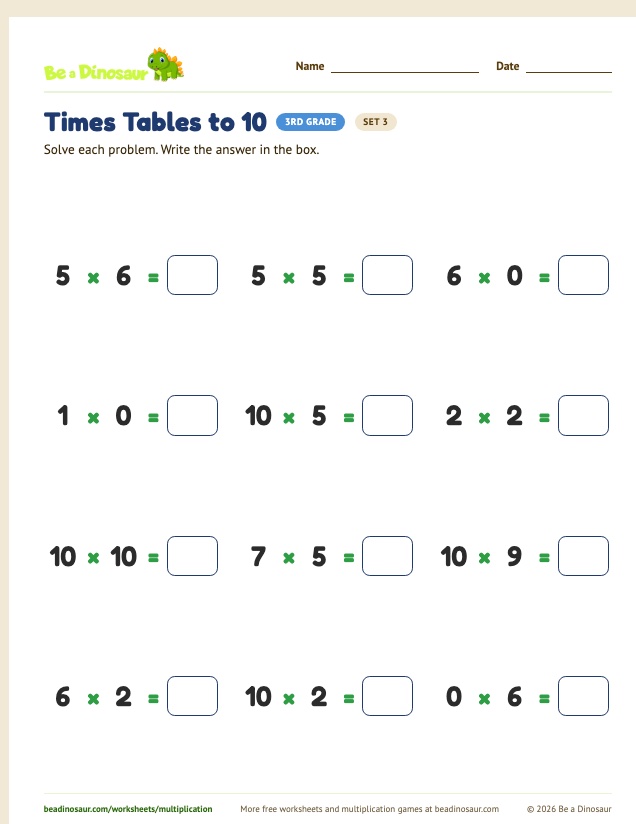 Times Tables to 10 worksheet, set 3 (free printable from Be a Dinosaur)