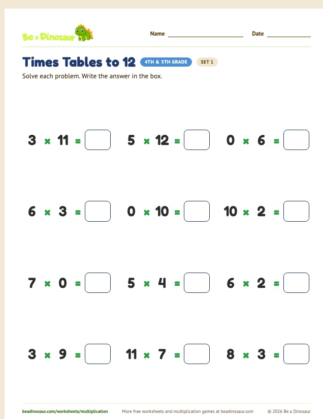 Times Tables to 12 worksheet, set 1 (free printable from Be a Dinosaur)