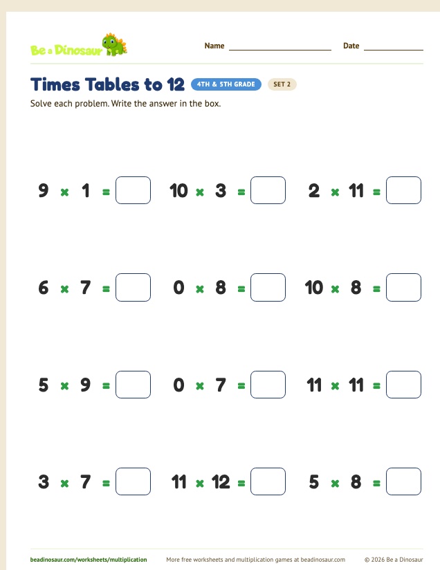 Times Tables to 12 worksheet, set 2 (free printable from Be a Dinosaur)
