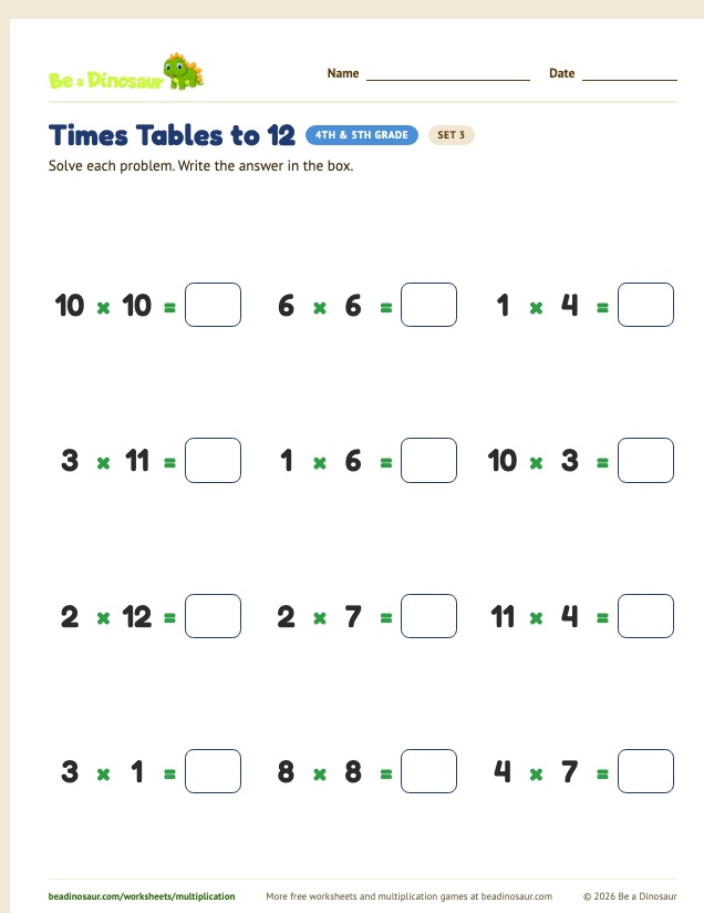 Times Tables to 12 worksheet, set 3 (free printable from Be a Dinosaur)