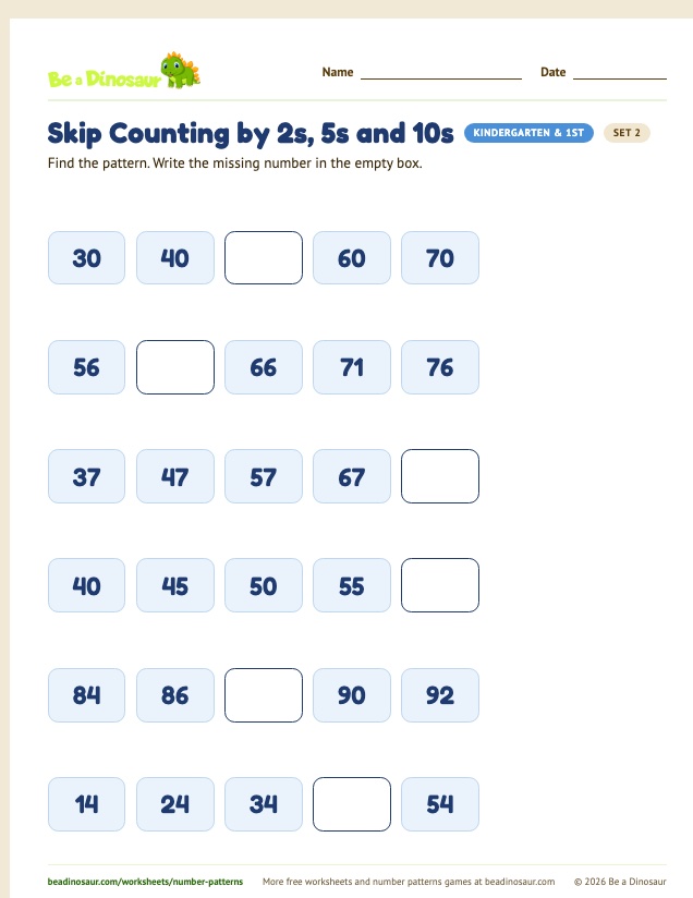 Skip Counting by 2s, 5s and 10s worksheet, set 2 (free printable from Be a Dinosaur)