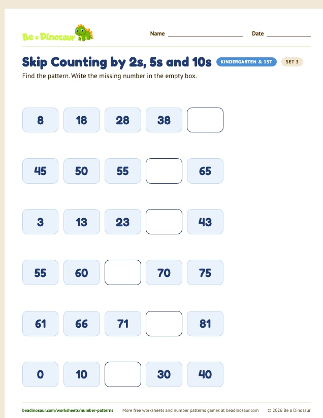 Skip Counting by 2s, 5s and 10s worksheet, set 3 (free printable from Be a Dinosaur)