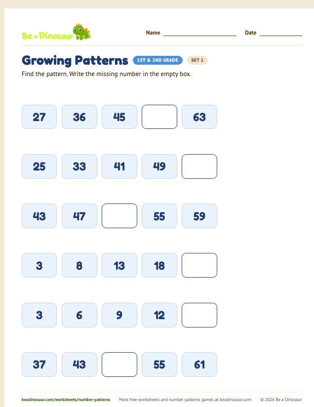 Growing Patterns worksheet, set 1 (free printable from Be a Dinosaur)