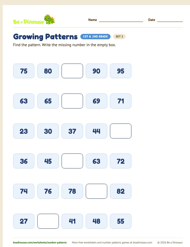 Growing Patterns worksheet, set 2 (free printable from Be a Dinosaur)