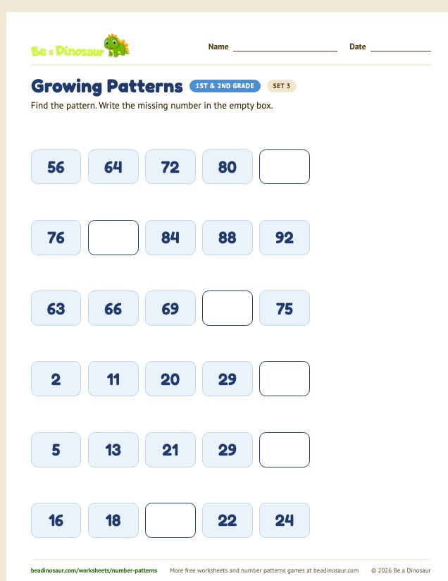 Growing Patterns worksheet, set 3 (free printable from Be a Dinosaur)