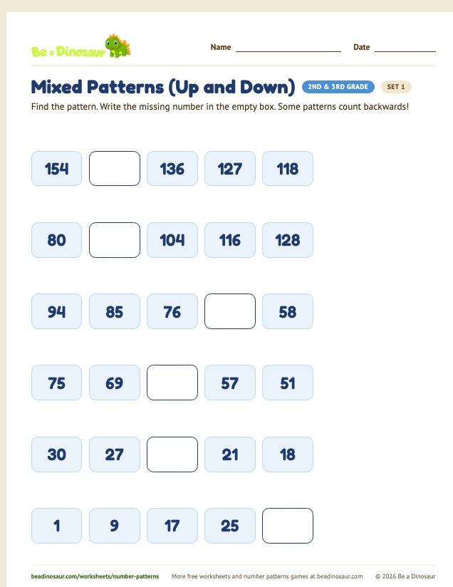 Mixed Patterns (Up and Down) worksheet, set 1 (free printable from Be a Dinosaur)