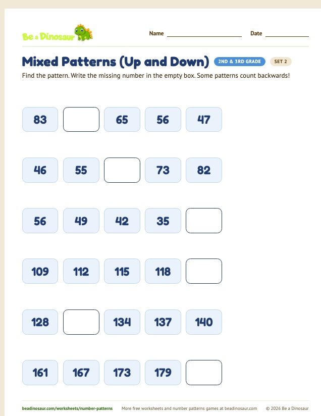 Mixed Patterns (Up and Down) worksheet, set 2 (free printable from Be a Dinosaur)