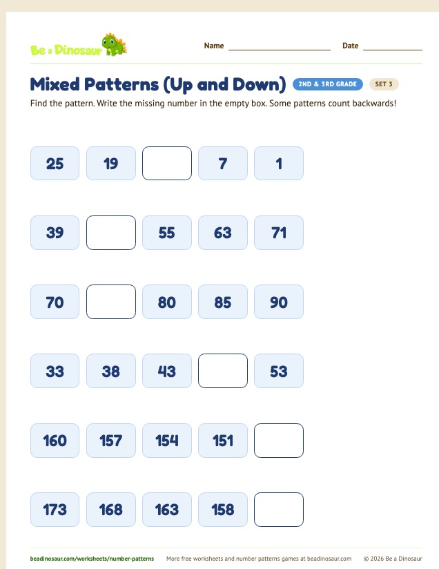 Mixed Patterns (Up and Down) worksheet, set 3 (free printable from Be a Dinosaur)
