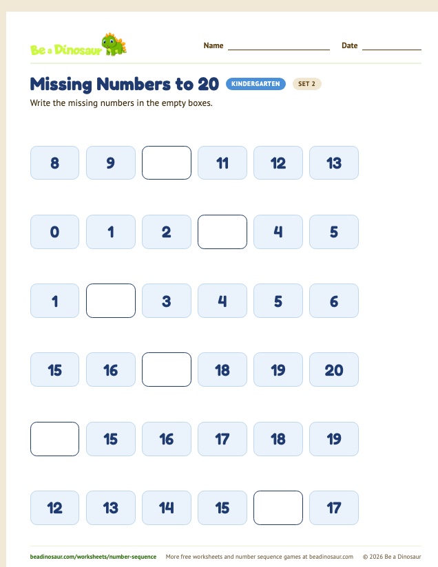 Missing Numbers to 20 worksheet, set 2 (free printable from Be a Dinosaur)