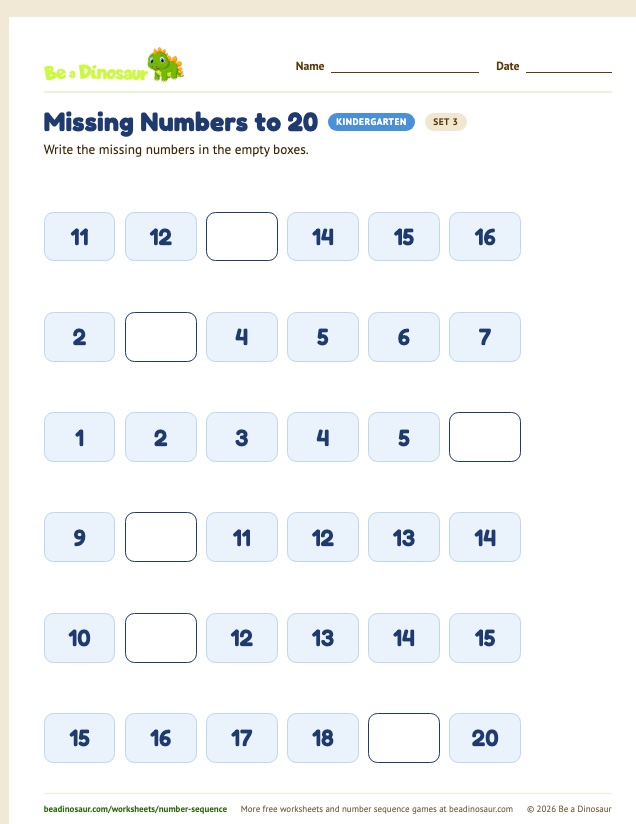Missing Numbers to 20 worksheet, set 3 (free printable from Be a Dinosaur)