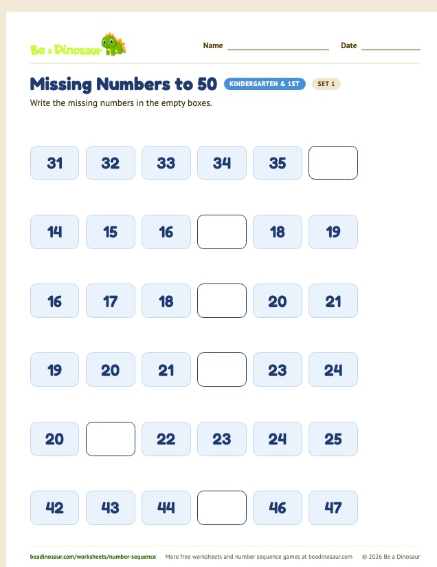 Missing Numbers to 50 worksheet, set 1 (free printable from Be a Dinosaur)