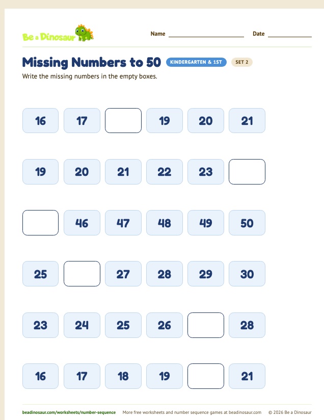 Missing Numbers to 50 worksheet, set 2 (free printable from Be a Dinosaur)
