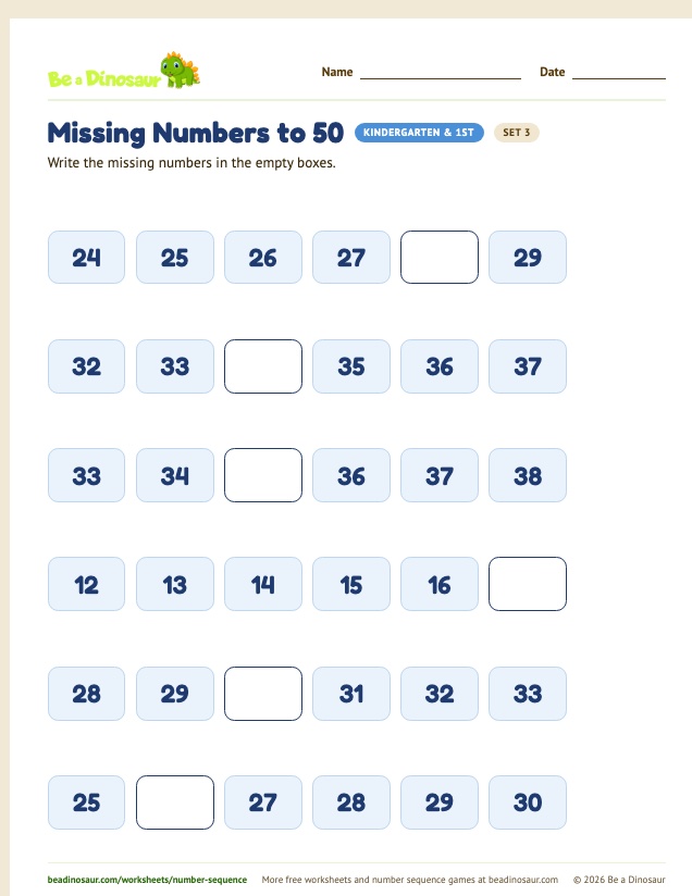 Missing Numbers to 50 worksheet, set 3 (free printable from Be a Dinosaur)
