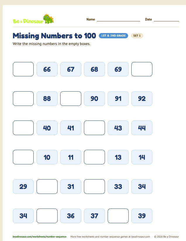 Missing Numbers to 100 worksheet, set 1 (free printable from Be a Dinosaur)