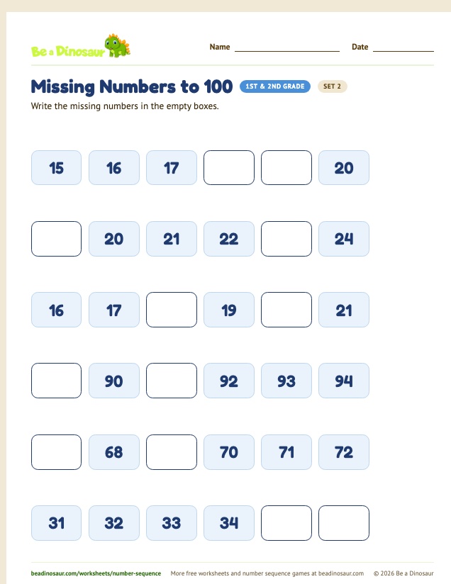 Missing Numbers to 100 worksheet, set 2 (free printable from Be a Dinosaur)