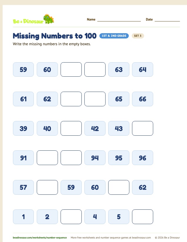 Missing Numbers to 100 worksheet, set 3 (free printable from Be a Dinosaur)
