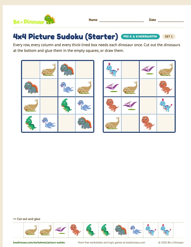 4x4 Picture Sudoku (Starter) worksheet, set 1 (free printable from Be a Dinosaur)
