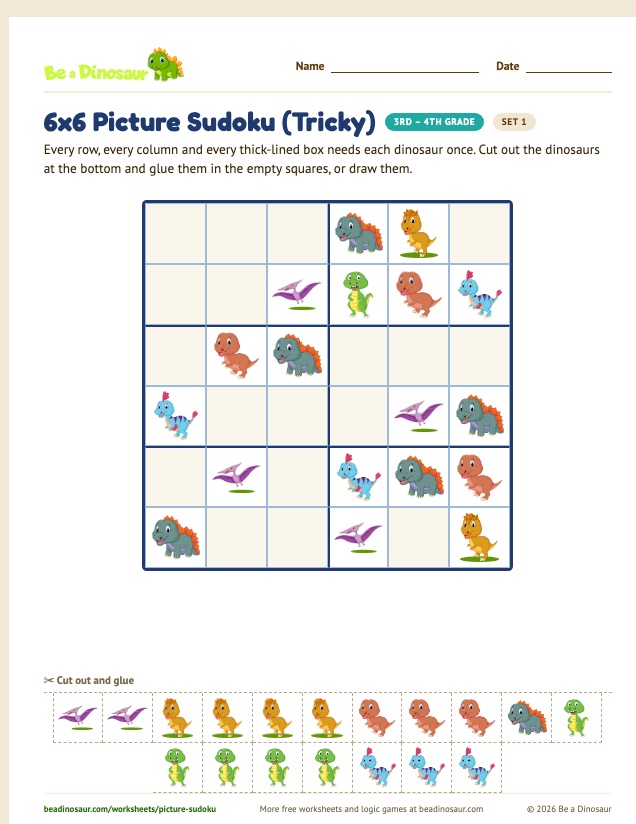 6x6 Picture Sudoku (Tricky) worksheet, set 1 (free printable from Be a Dinosaur)