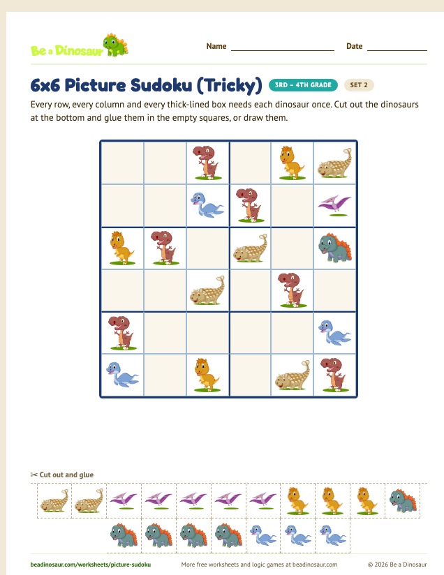 6x6 Picture Sudoku (Tricky) worksheet, set 2 (free printable from Be a Dinosaur)