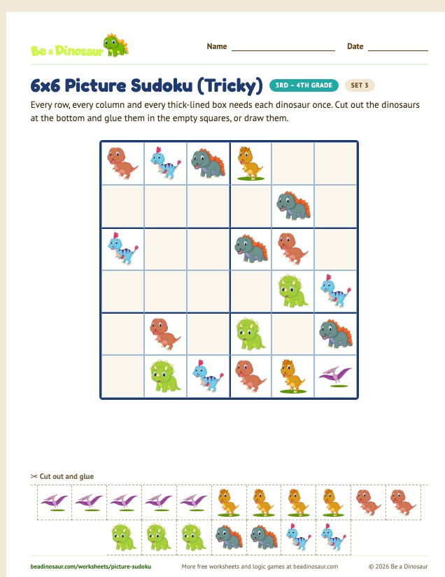 6x6 Picture Sudoku (Tricky) worksheet, set 3 (free printable from Be a Dinosaur)