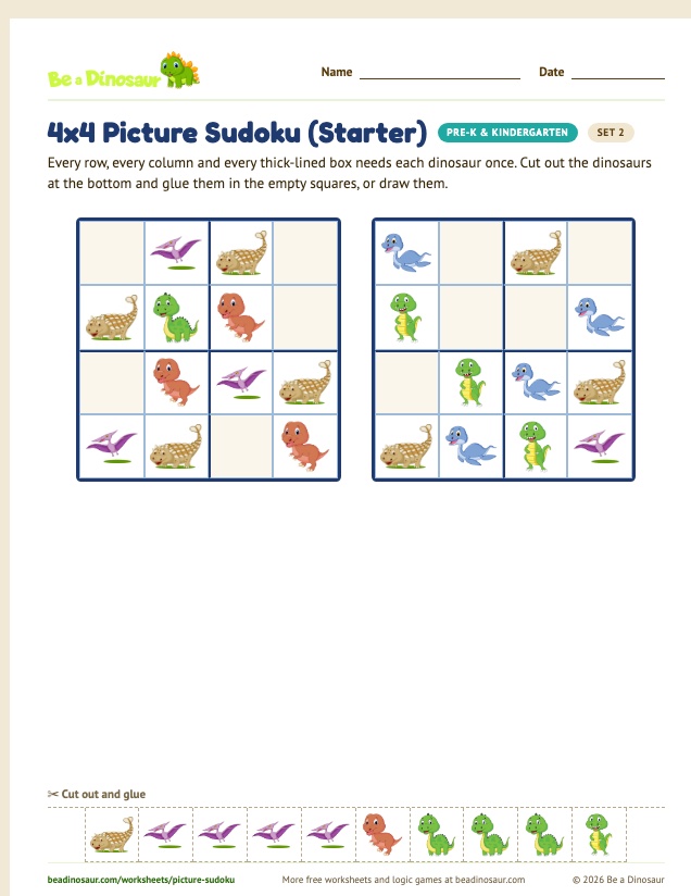 4x4 Picture Sudoku (Starter) worksheet, set 2 (free printable from Be a Dinosaur)