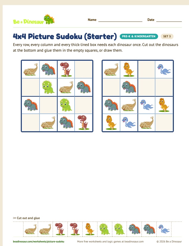 4x4 Picture Sudoku (Starter) worksheet, set 3 (free printable from Be a Dinosaur)