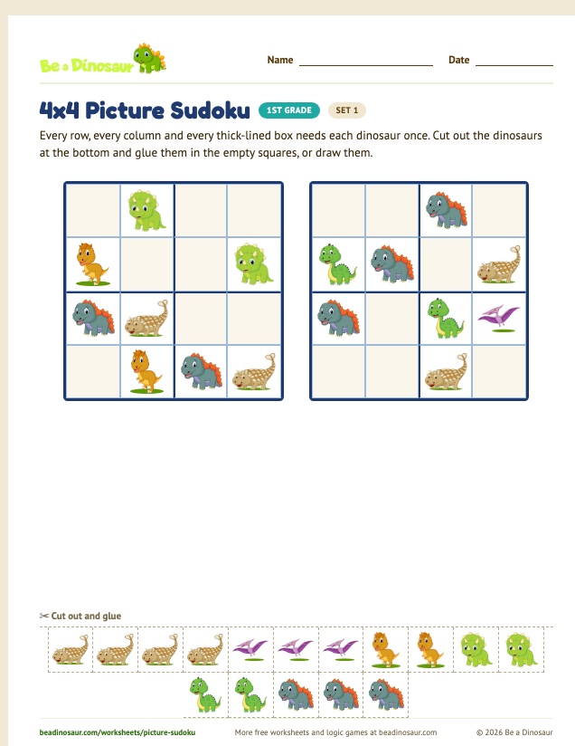 4x4 Picture Sudoku worksheet, set 1 (free printable from Be a Dinosaur)