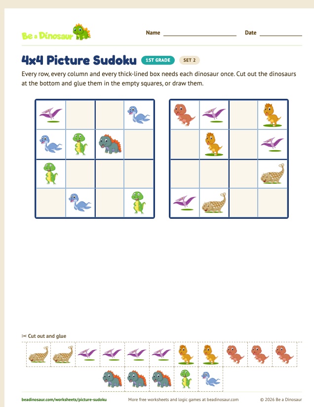 4x4 Picture Sudoku worksheet, set 2 (free printable from Be a Dinosaur)