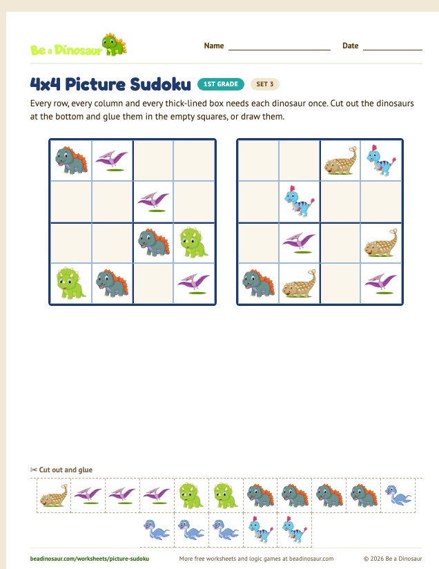 4x4 Picture Sudoku worksheet, set 3 (free printable from Be a Dinosaur)