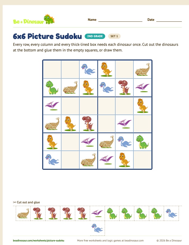6x6 Picture Sudoku worksheet, set 1 (free printable from Be a Dinosaur)
