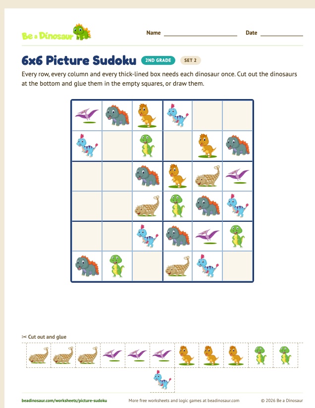 6x6 Picture Sudoku worksheet, set 2 (free printable from Be a Dinosaur)