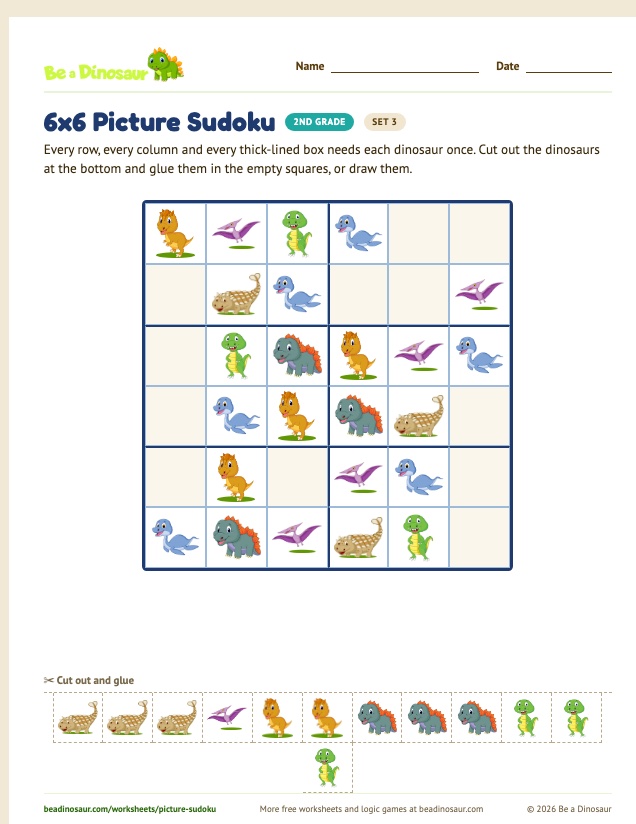 6x6 Picture Sudoku worksheet, set 3 (free printable from Be a Dinosaur)