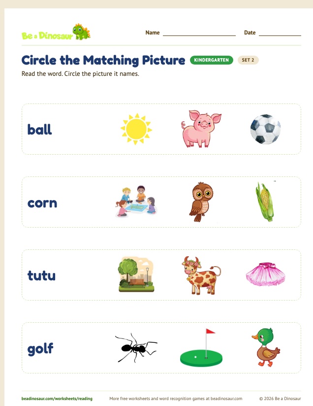 Circle the Matching Picture worksheet, set 2 (free printable from Be a Dinosaur)