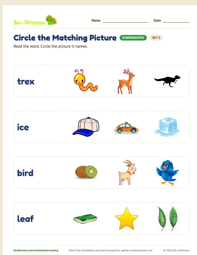 Circle the Matching Picture worksheet, set 3 (free printable from Be a Dinosaur)