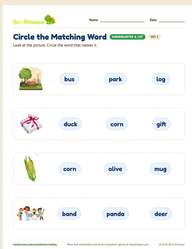 Circle the Matching Word worksheet, set 1 (free printable from Be a Dinosaur)