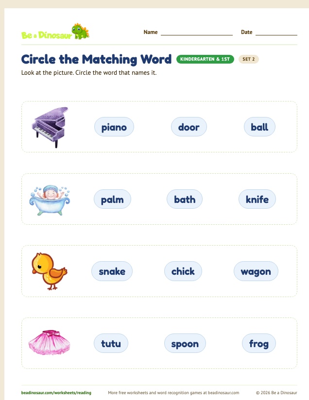 Circle the Matching Word worksheet, set 2 (free printable from Be a Dinosaur)