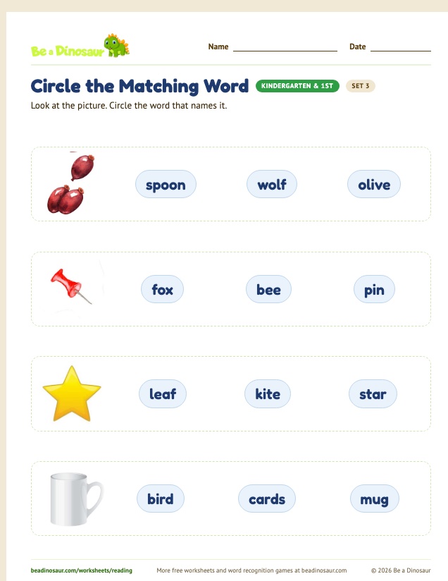 Circle the Matching Word worksheet, set 3 (free printable from Be a Dinosaur)