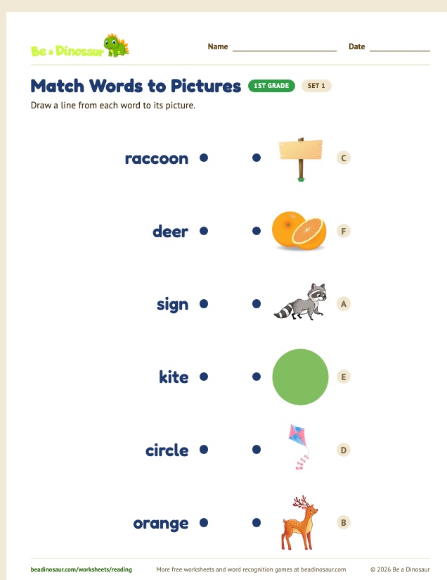 Match Words to Pictures worksheet, set 1 (free printable from Be a Dinosaur)
