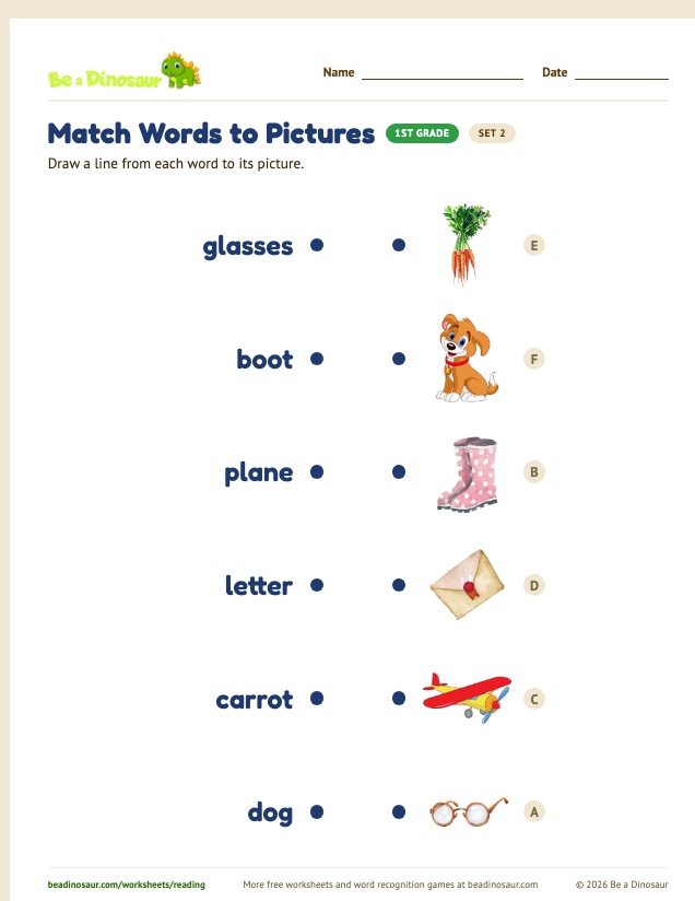 Match Words to Pictures worksheet, set 2 (free printable from Be a Dinosaur)