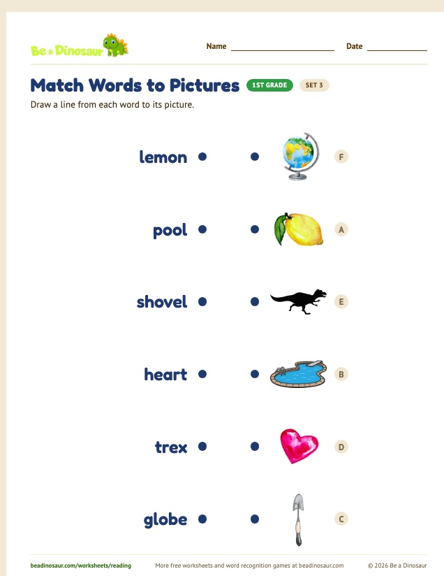 Match Words to Pictures worksheet, set 3 (free printable from Be a Dinosaur)