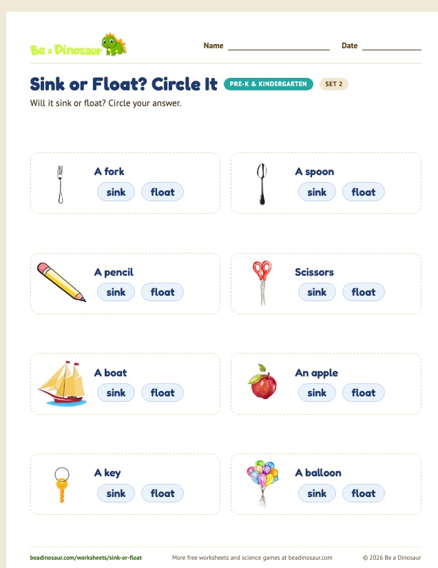 Sink or Float? Circle It worksheet, set 2 (free printable from Be a Dinosaur)