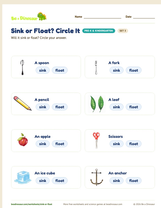 Sink or Float? Circle It worksheet, set 3 (free printable from Be a Dinosaur)